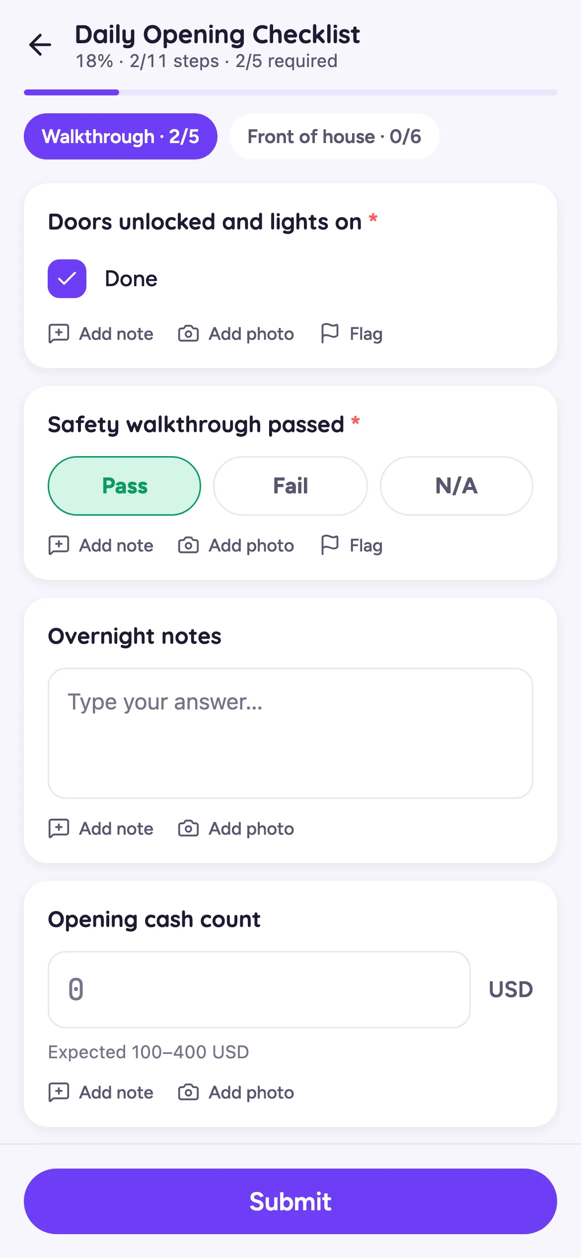 The vidhi app running a Daily Opening Checklist — progress bar, completed steps, and a pass/fail check