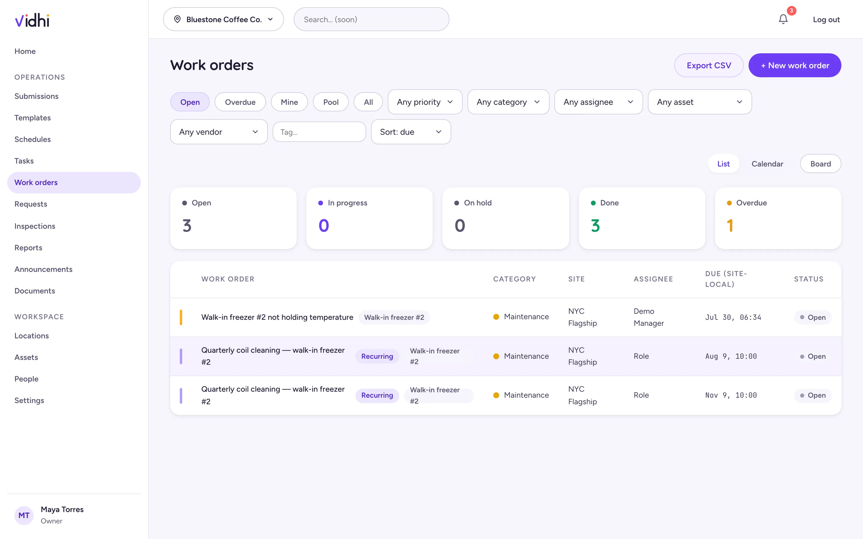 vidhi work orders — maintenance work tracked with costs, vendors, and status